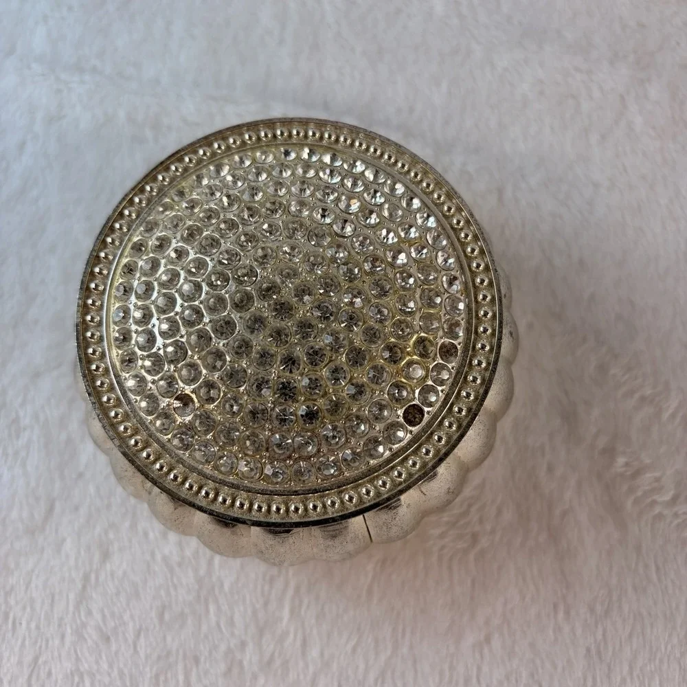 Vintage Silvertone Ribbed Round Trinket Box Rhinestone Lid Velvet Lined As Is